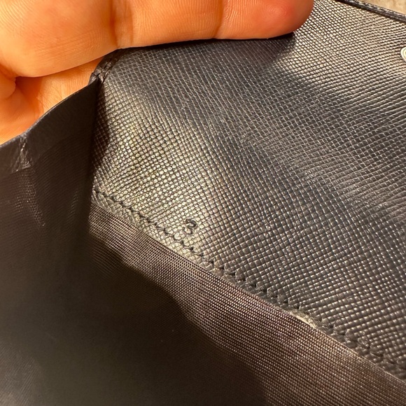 PRADA Logo Plate Tri-Fold Wallet Saffiano Leather Black Used Authentic - Picture 8 of 14